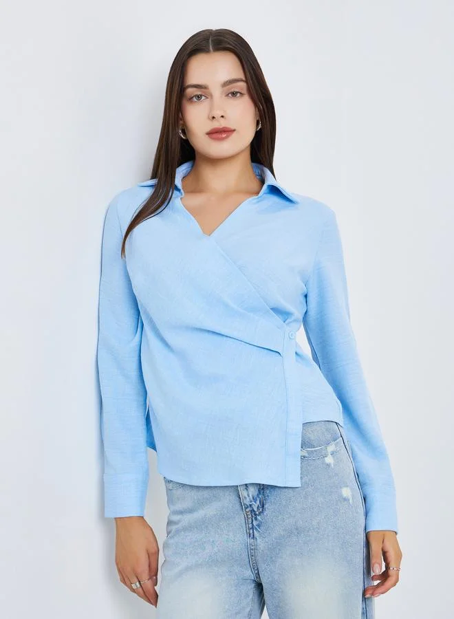 Styli Women Blue Long Sleeves Wrap Top