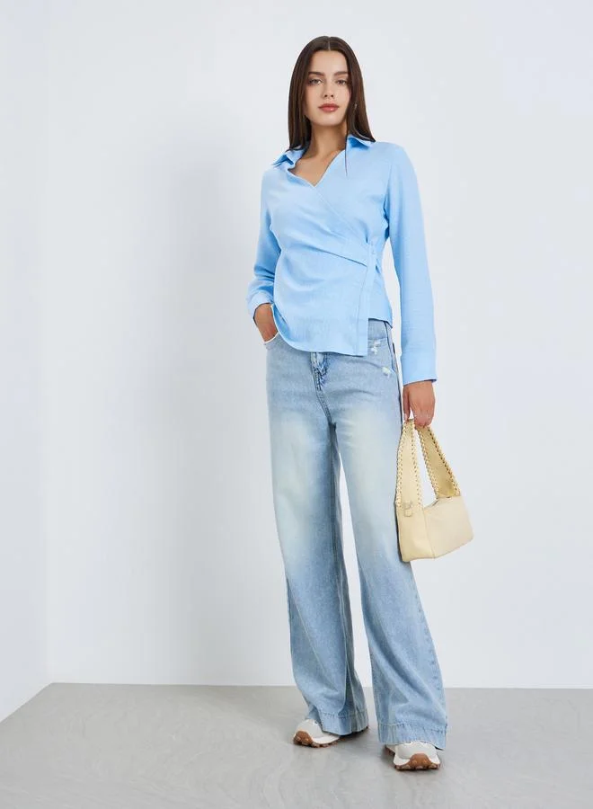 Styli Women Blue Long Sleeves Wrap Top