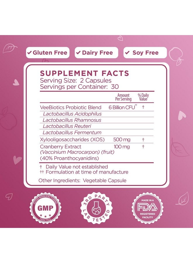 VeeFresh VeeBiotics Cranberry Probiotics for Women - 60 Capsules Women's Probiotics with Prebiotics & Cranberry Extract for pH Balance & Odor Control, Promotes Healthy Vaginal Flora & Overall Wellness - Image 2
