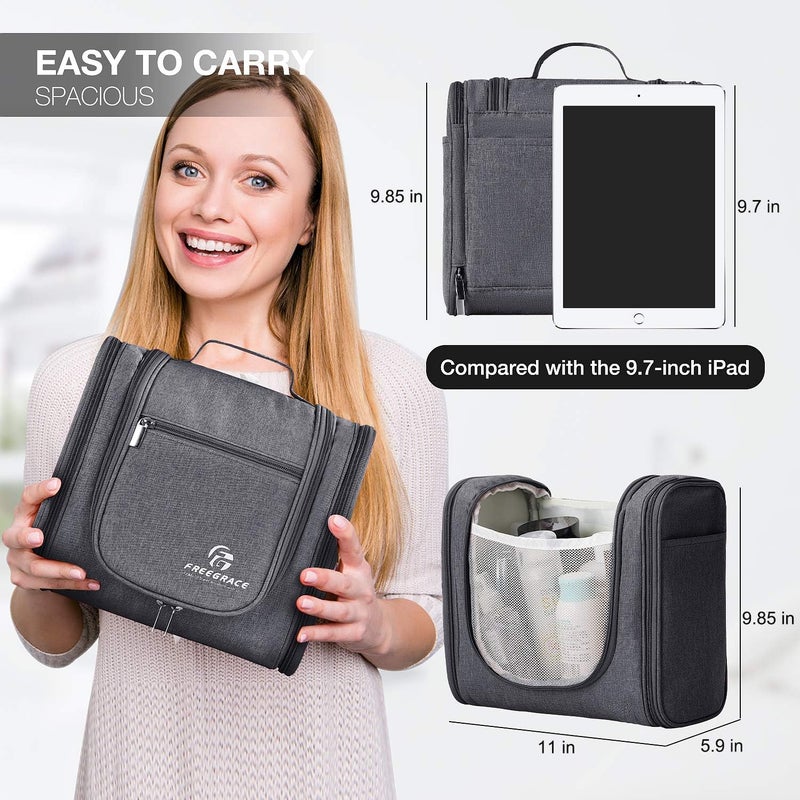 Freegrace Hanging Toiletry Bag Extra Large Capacity | Premium Travel Organizer Bags For Men And Women | Durable Waterproof Nylon Bathroom, Shower, Makeup Bag For Toiletries, Cosmetics, Brushes (Dark Grey) - Image 4