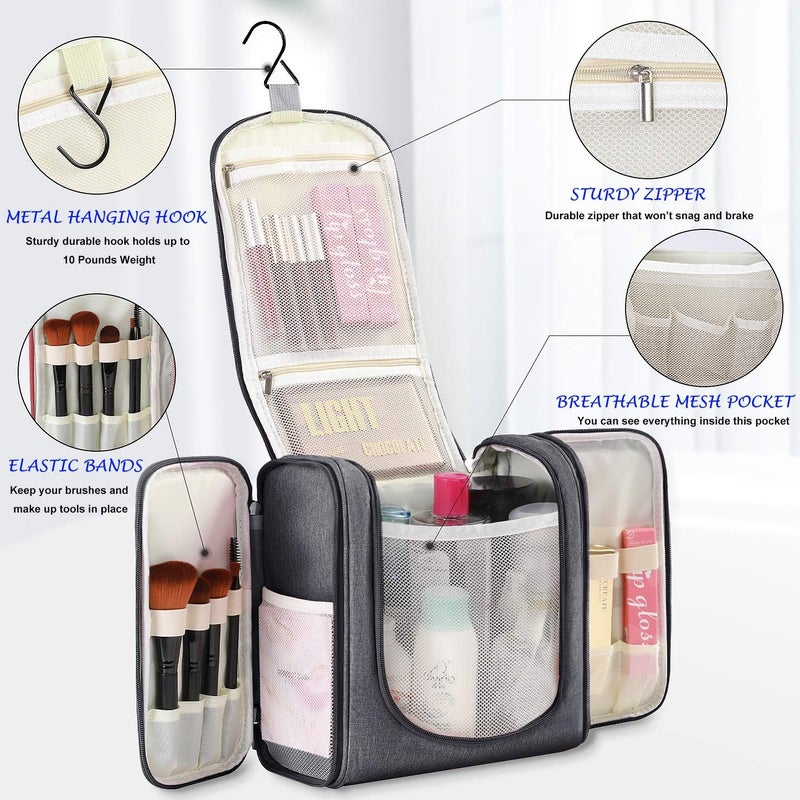 Freegrace Hanging Toiletry Bag Extra Large Capacity | Premium Travel Organizer Bags For Men And Women | Durable Waterproof Nylon Bathroom, Shower, Makeup Bag For Toiletries, Cosmetics, Brushes (Dark Grey) - Image 2
