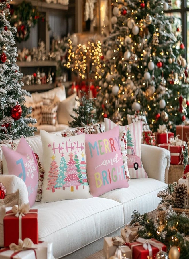 GEEORY Christmas Throw Pillow Covers 18 x 18 Inch Set of 4, Xmas Trees Truck Merry and Bright Pink Striped Holiday Farmhouse Decorative Cushion Cases for Home Decoration G581-18 - Image 2