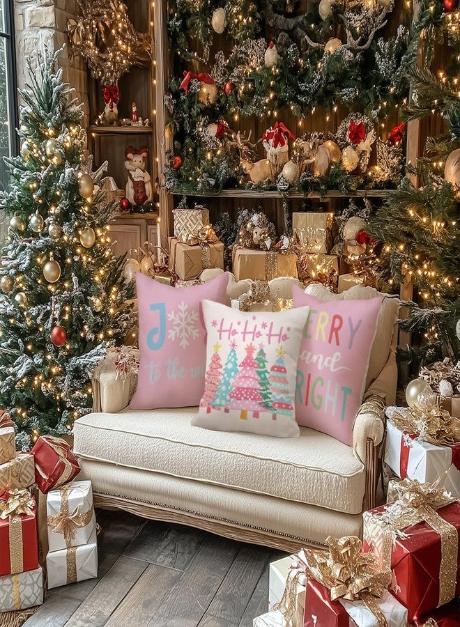 GEEORY Christmas Throw Pillow Covers 18 x 18 Inch Set of 4, Xmas Trees Truck Merry and Bright Pink Striped Holiday Farmhouse Decorative Cushion Cases for Home Decoration G581-18 - Image 4