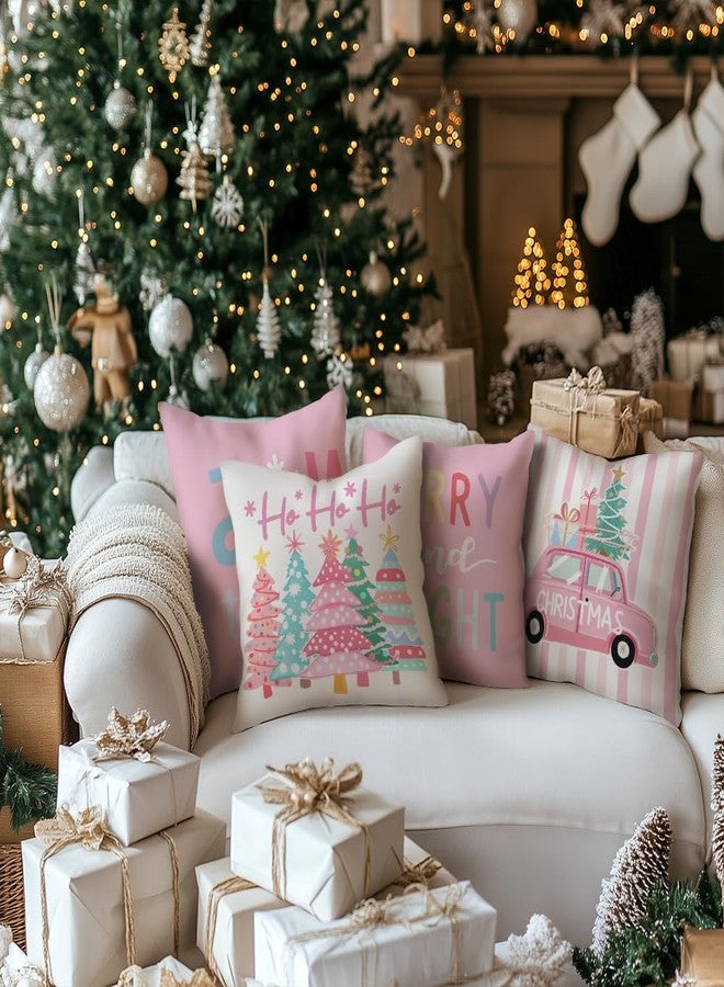 GEEORY Christmas Throw Pillow Covers 18 x 18 Inch Set of 4, Xmas Trees Truck Merry and Bright Pink Striped Holiday Farmhouse Decorative Cushion Cases for Home Decoration G581-18 - Image 3