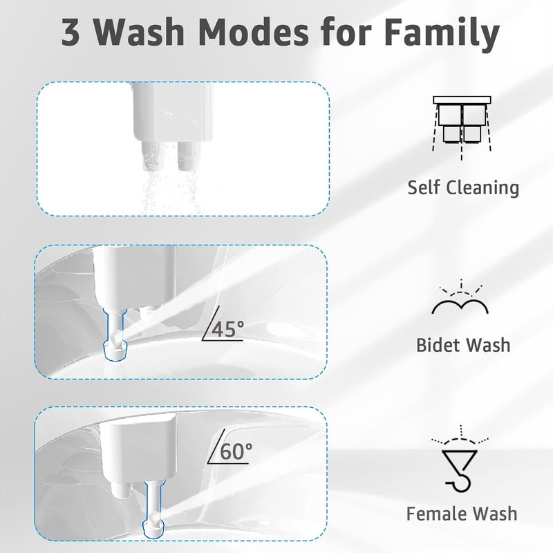 Aünsffer Bidet Attchment for Toilet Grey, Cold Water No-Electric, 3 Wash Modes [Frontal Wash + Rear Wash + Self-Cleaning]，Dual Nozzles Water Pressure Adjustable, Grey - Image 2