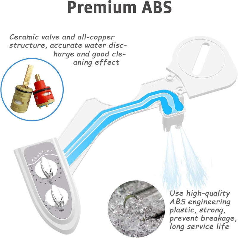 Aünsffer Bidet Attchment for Toilet Grey, Cold Water No-Electric, 3 Wash Modes [Frontal Wash + Rear Wash + Self-Cleaning]，Dual Nozzles Water Pressure Adjustable, Grey - Image 3