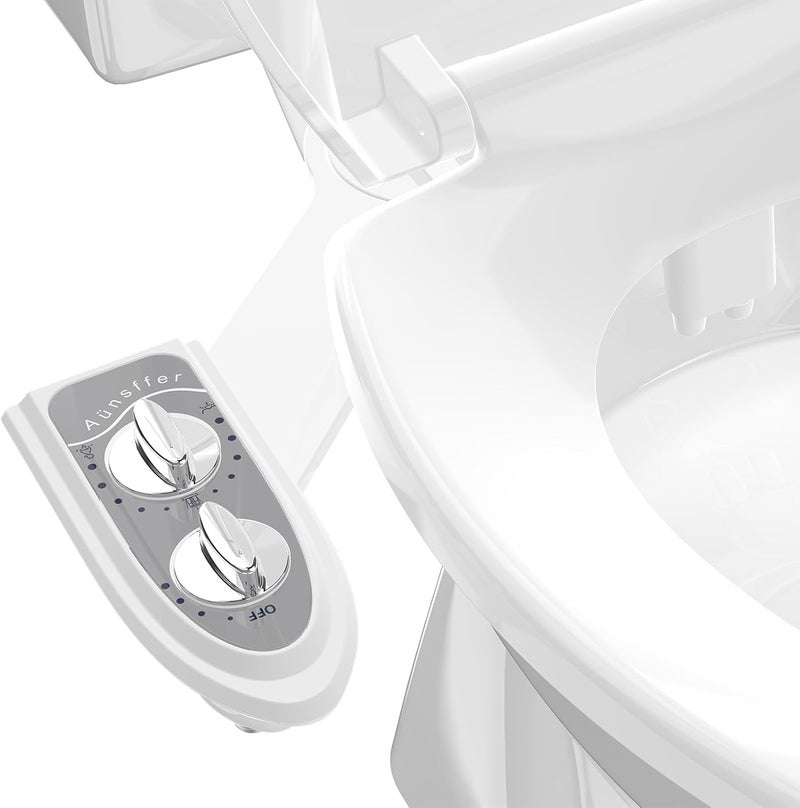 Aünsffer Bidet Attchment for Toilet Grey, Cold Water No-Electric, 3 Wash Modes [Frontal Wash + Rear Wash + Self-Cleaning]，Dual Nozzles Water Pressure Adjustable, Grey - Image 1