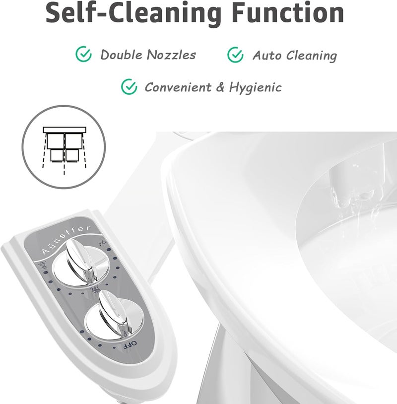 Aünsffer Bidet Attchment for Toilet Grey, Cold Water No-Electric, 3 Wash Modes [Frontal Wash + Rear Wash + Self-Cleaning]，Dual Nozzles Water Pressure Adjustable, Grey - Image 4