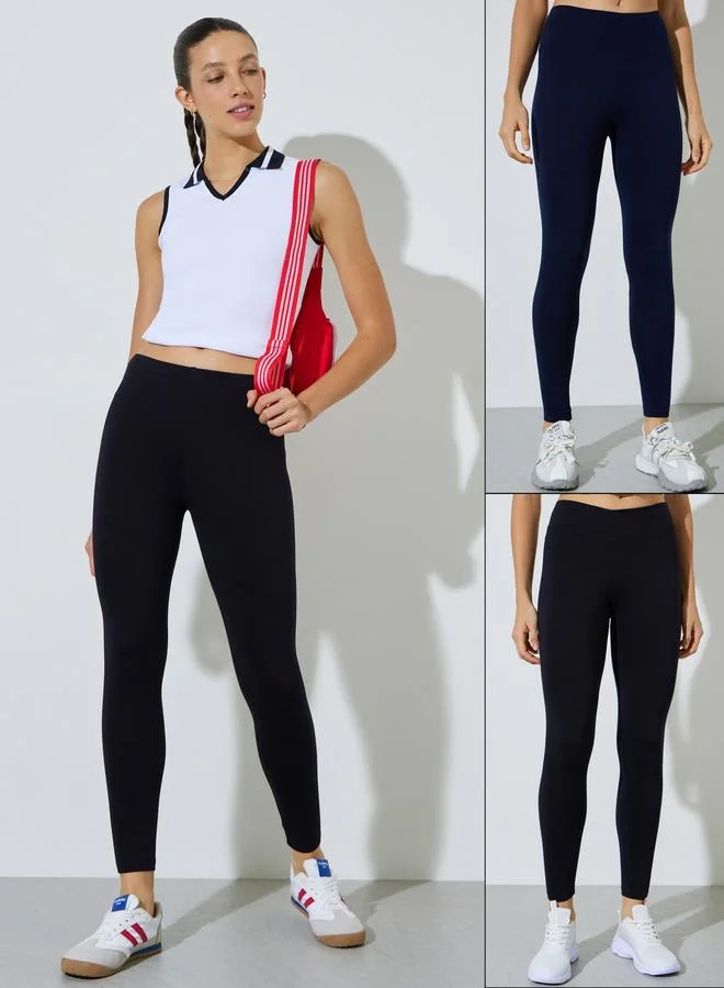 ستايلي Pack of 2 - Black and Navy Blue Solid Ankle-Length Leggings