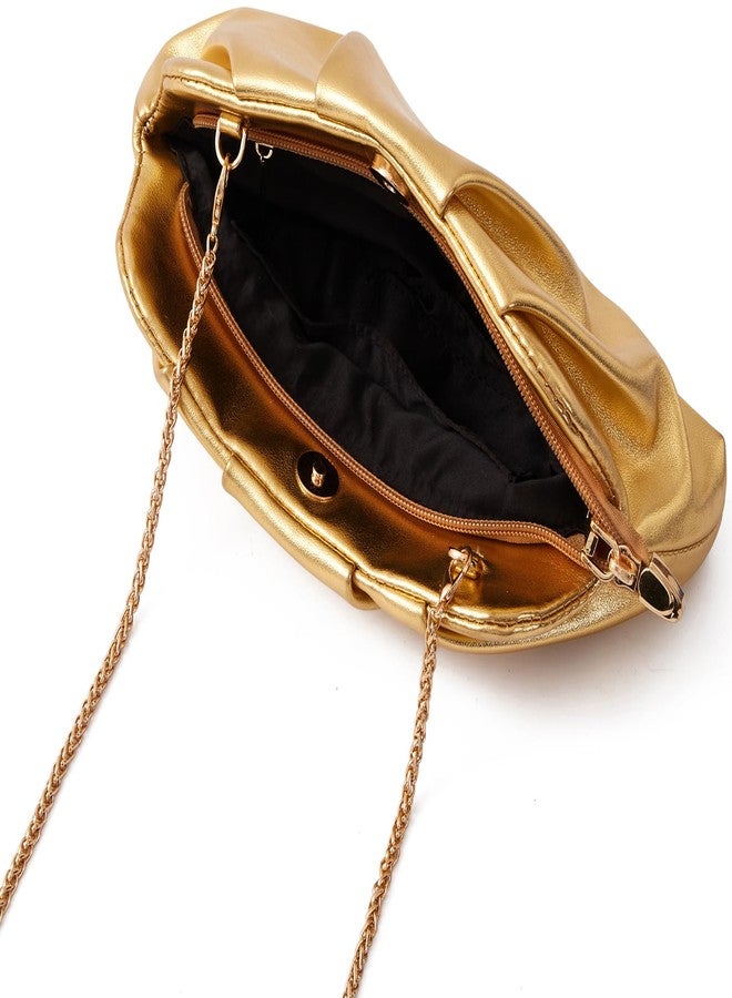 Munansli Women's Clutch Purse,Evening Bag for Women Ruched Clutch Purse Detachable Metal Chain Crossbody Bag, Metallic Gold - Image 4
