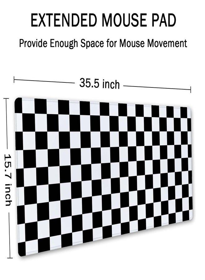 SSOIU Checkered Desk Mat Extended Gaming Mouse Pad (35.5x15.7 in), Large Stable Rubber Base Mousepad with Stitched Edges, Keyboard Mouse Mat Desk Pad for Work, Game, Office - Black White Checkerboard - Image 2