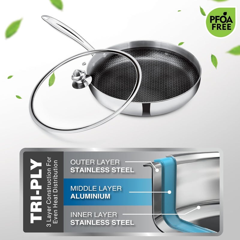 MILTON Pro cook Triply Hexa Tech Induction Stainless Steel Fry Pan with Glass Lid, 24 cm, Silver, Honeycomb Non-Stick Structure, Skillet for Curry, Omelette Pans, Induction & Gas Friendly - Image 5