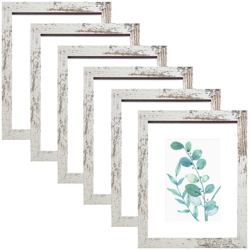 8x10 Picture Frame Distressed White Set of 6 Display Pictures 5x7 With mat or 8x10 Without Mat
