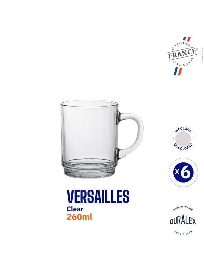 Duralex® Versailles Clear Tempered Glass Mugs | 260ml Set of 6 | Ultra-Resistant, Stackable Coffee & Tea Mugs | Microwave & Dishwasher Safe | Giftable Mug Set - Image 3