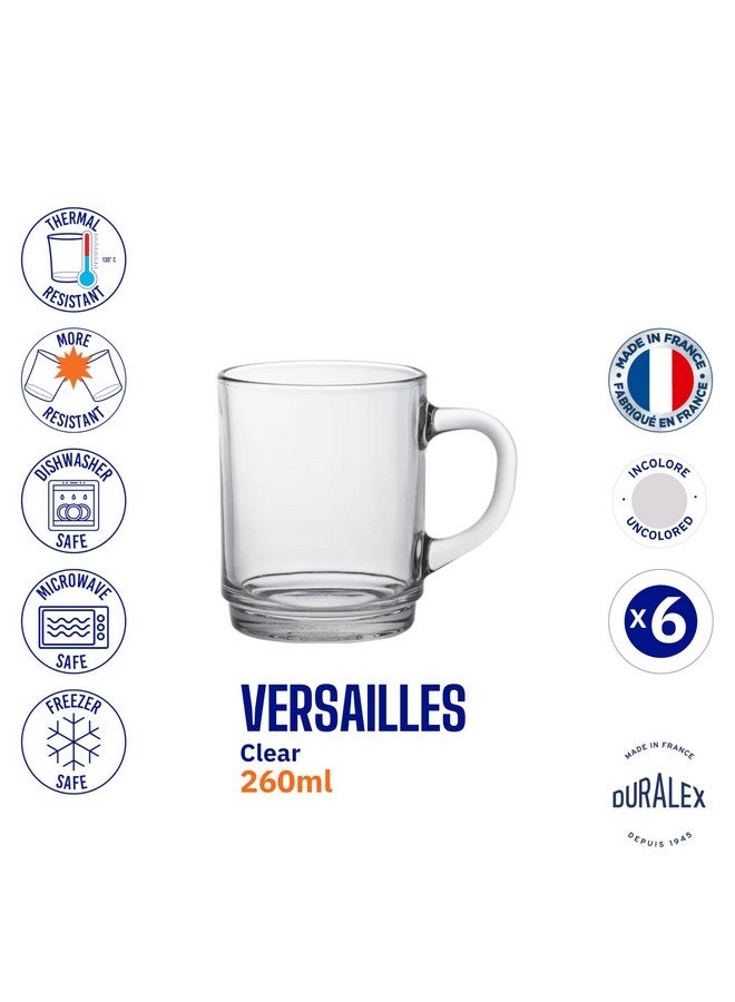 Duralex® Versailles Clear Tempered Glass Mugs | 260ml Set of 6 | Ultra-Resistant, Stackable Coffee & Tea Mugs | Microwave & Dishwasher Safe | Giftable Mug Set - Image 4