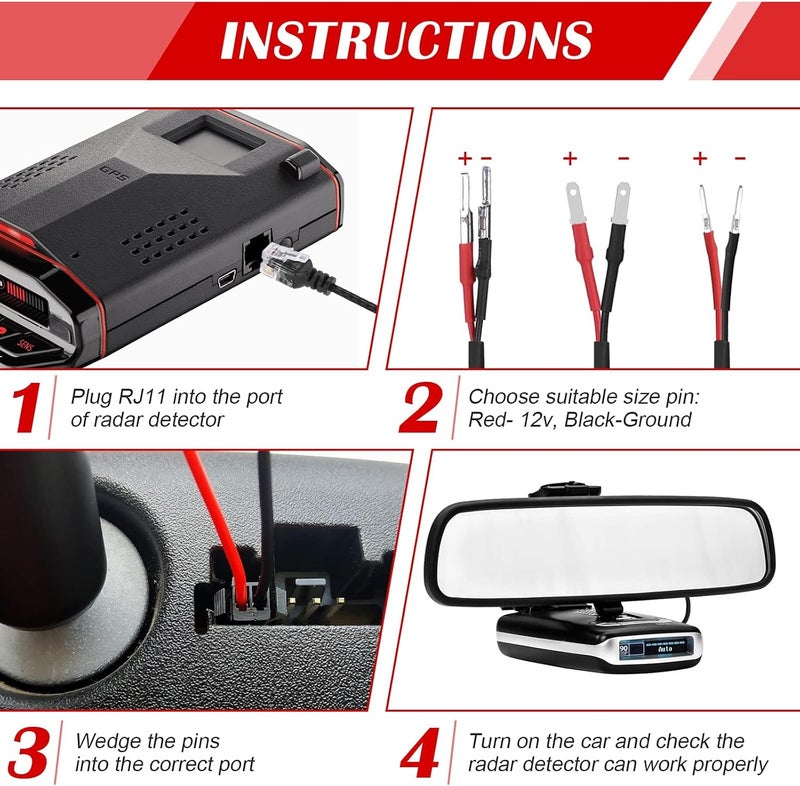 Hydencamm 14" Upgraded Mirror Plug Wire Tap Radar Detector Hardwire Power Cord Kit is Compatible for Escort Valentine One Uniden Beltronics, Mount RJ11 with Braided Set of 3 - Image 5