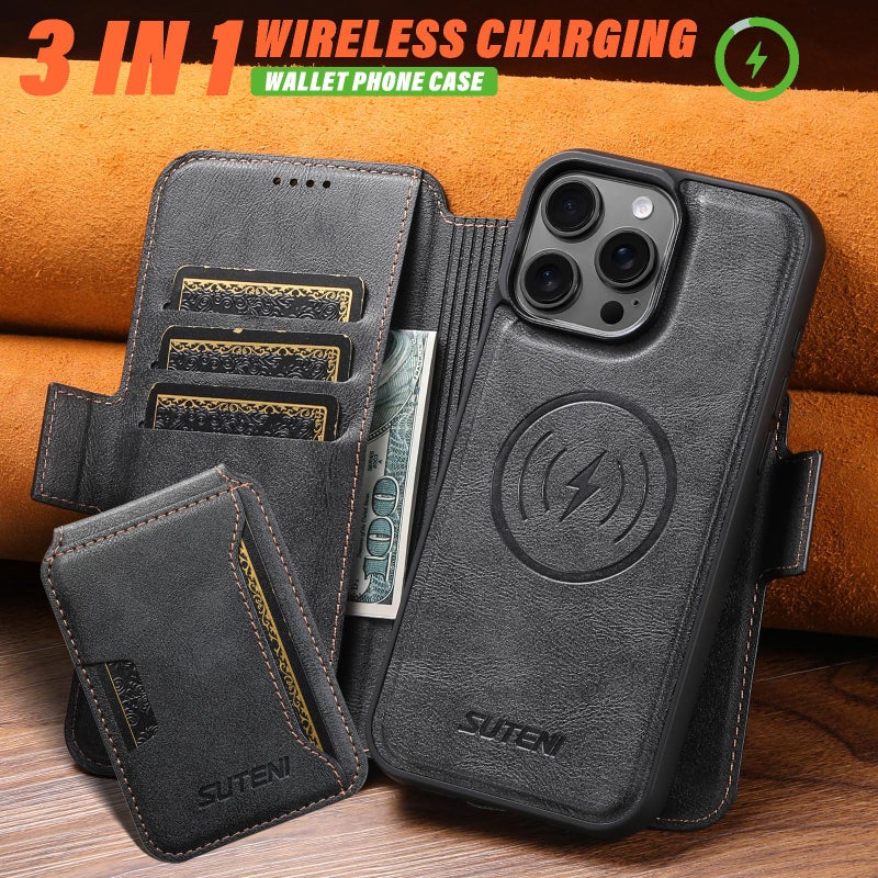 Suteni For Iphone 14 Q06S3 3-In-1 Splicing Detachable Vertical Flip Wallet Magsafe Leather Phone Case(Black) - Image 4