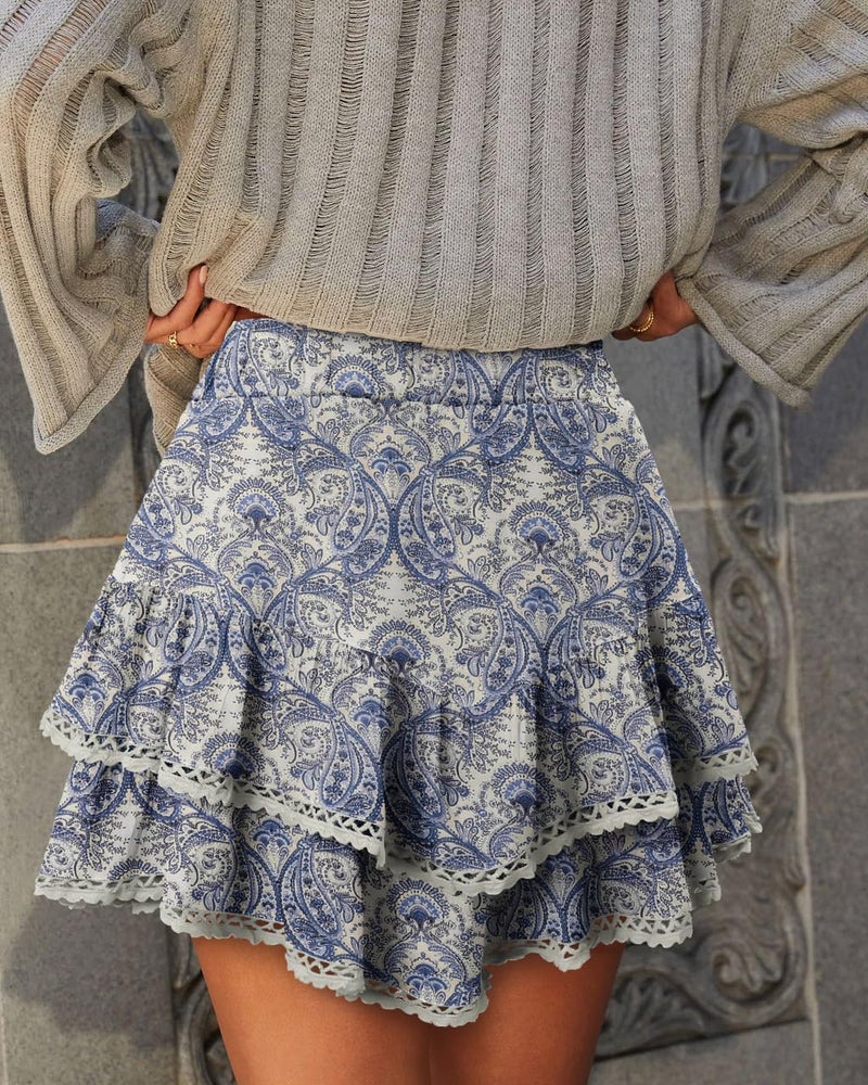 onlypuff Ruffle Skorts for Women Cute Mini Skirts Fall Western Country Concert Outfits Flowy Short Coastal Cowgirl Coachella Outfit Blue Cashew L - Image 3