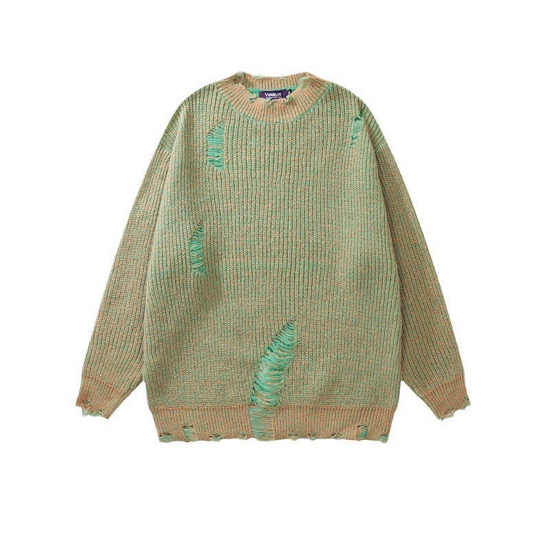 Design Sense Ripped Sweater Mens and Womens Spring and Autumn New Fashion Brand Hip-hop Loose All-match Couples Knitted Sweater Sweater Light green [high quality deer plush] 