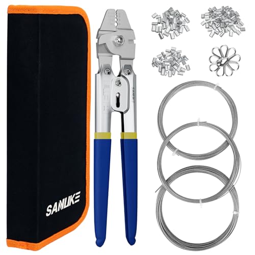 Sanuke Wire Rope Crimping Tool for 3/64 5/64 1/16 Wire Rope with 304 Stainless Steel Cable 3 Sizes 33FT and 150pcs Sleeves Stops, 10pcs Thimble - Image 1