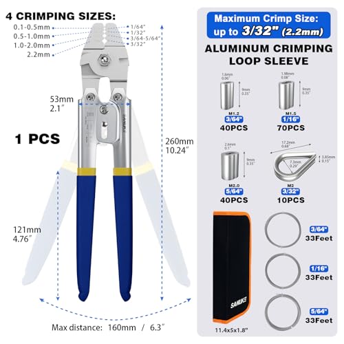Sanuke Wire Rope Crimping Tool for 3/64 5/64 1/16 Wire Rope with 304 Stainless Steel Cable 3 Sizes 33FT and 150pcs Sleeves Stops, 10pcs Thimble - Image 2