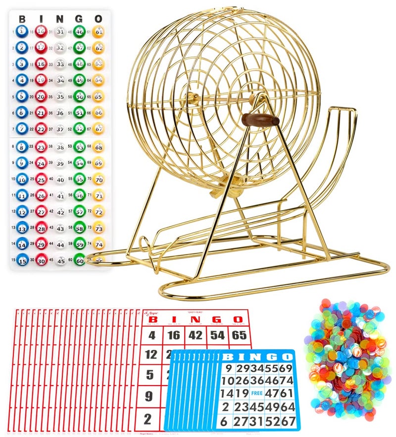 Regal Bingo Professional Bingo Game Set with 11 Wheel Cage 75 Bingo Balls Master Board 18 Bingo Cards 25 Jumbo Reusable Cards and Colorful Chips Bingo Games for Adults Large Group Gold