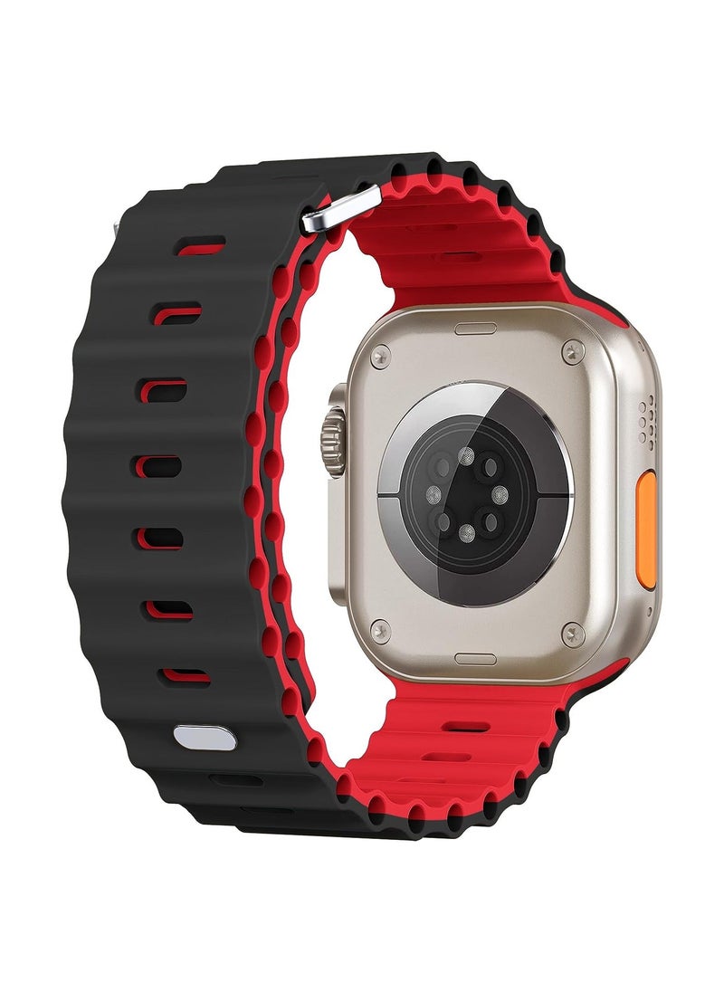 Color Fans - Soft Silicone Ocean Sports Strap Compatible Apple Watch Ultra 49mm 45mm 44mm 42mm for Men Women, Adjustible Watch Band for Apple Watch Ultra/SE/Series 9/8/7/6/5/4/3/2/1 - Black/Red - Image 1