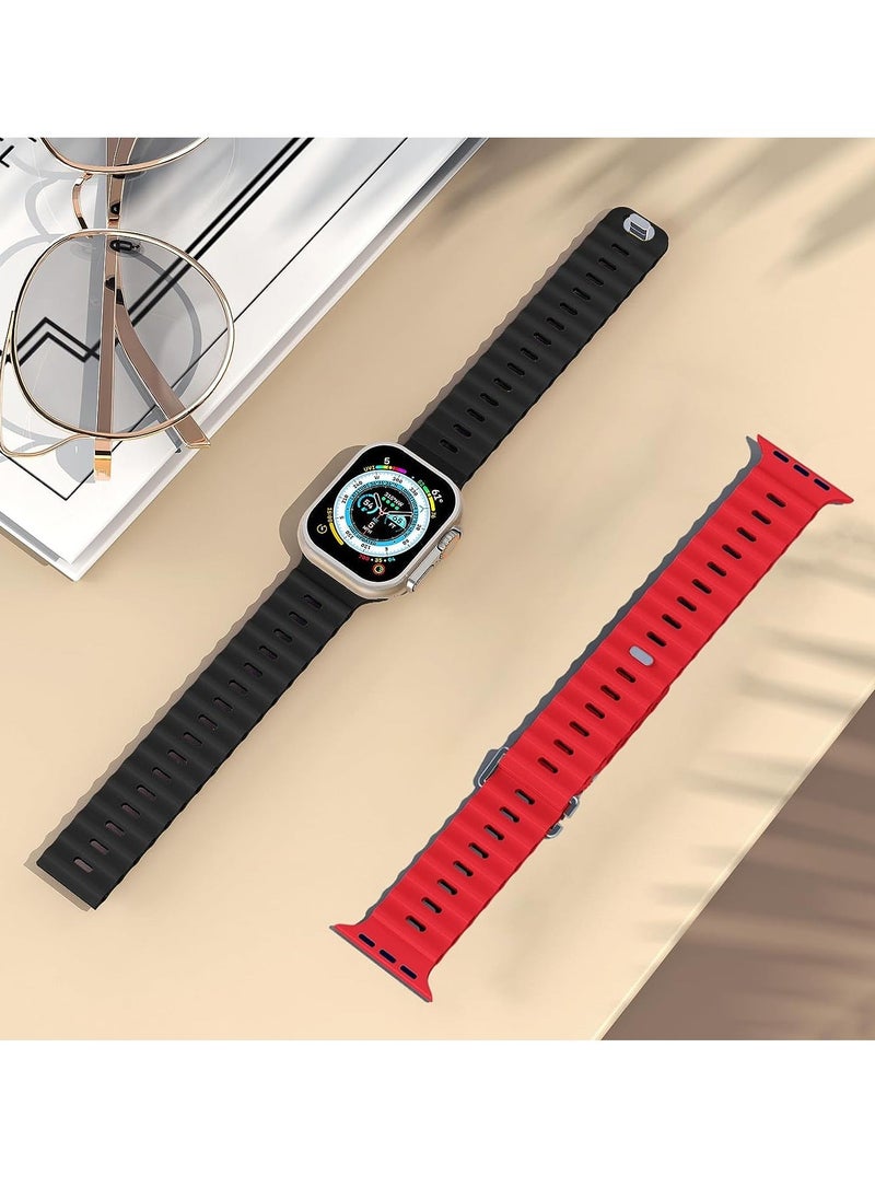 Color Fans - Soft Silicone Ocean Sports Strap Compatible Apple Watch Ultra 49mm 45mm 44mm 42mm for Men Women, Adjustible Watch Band for Apple Watch Ultra/SE/Series 9/8/7/6/5/4/3/2/1 - Black/Red - Image 1