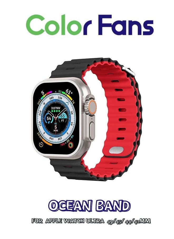 Color Fans - Soft Silicone Ocean Sports Strap Compatible Apple Watch Ultra 49mm 45mm 44mm 42mm for Men Women, Adjustible Watch Band for Apple Watch Ultra/SE/Series 9/8/7/6/5/4/3/2/1 - Black/Red - Image 1