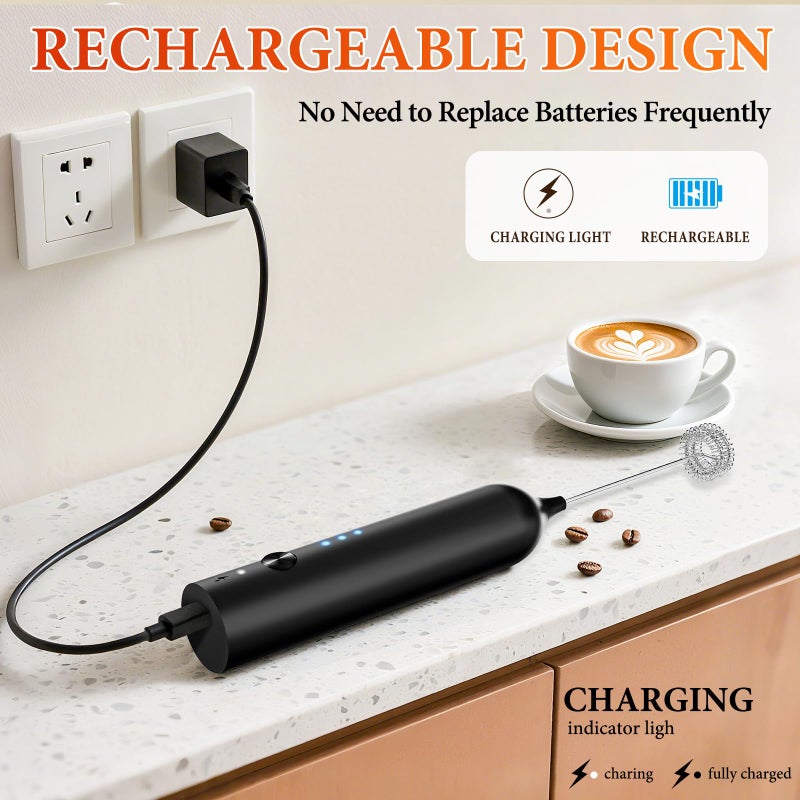 SmartTrends Milk Frother, Rechargeable & Handheld Frother Wand for Coffee, 3 Speed Adjustable Drink Mixer With 3 Stainless Whisks for Matcha, Lattes, Cappuccino, Egg, Electric Whisk Foam Maker (Black) - Image 3