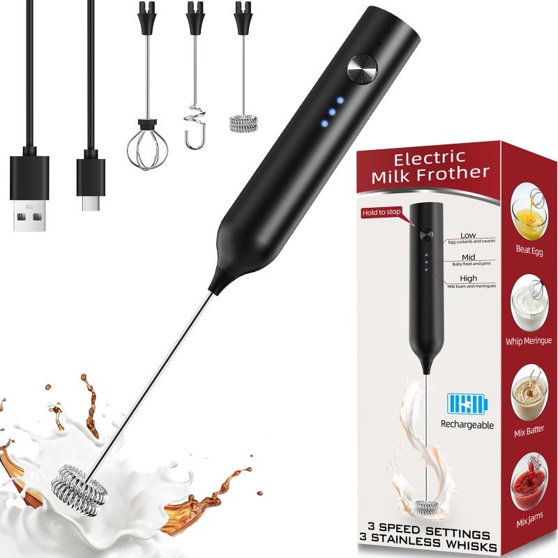 SmartTrends Milk Frother, Rechargeable & Handheld Frother Wand for Coffee, 3 Speed Adjustable Drink Mixer With 3 Stainless Whisks for Matcha, Lattes, Cappuccino, Egg, Electric Whisk Foam Maker (Black) - Image 1