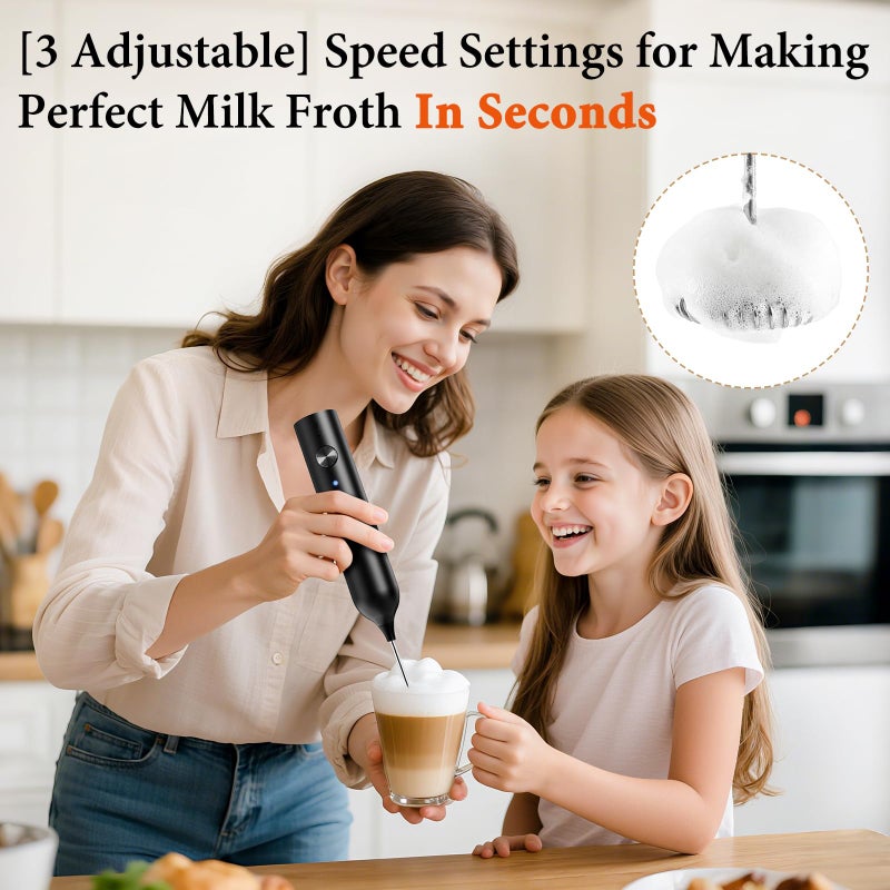 SmartTrends Milk Frother, Rechargeable & Handheld Frother Wand for Coffee, 3 Speed Adjustable Drink Mixer With 3 Stainless Whisks for Matcha, Lattes, Cappuccino, Egg, Electric Whisk Foam Maker (Black) - Image 2