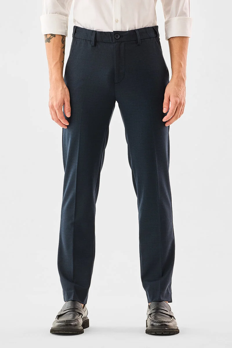 SNITCH Navy Blue Navy Blue Textured Regular Fit Formal Trousers for Men | Best Price UAE