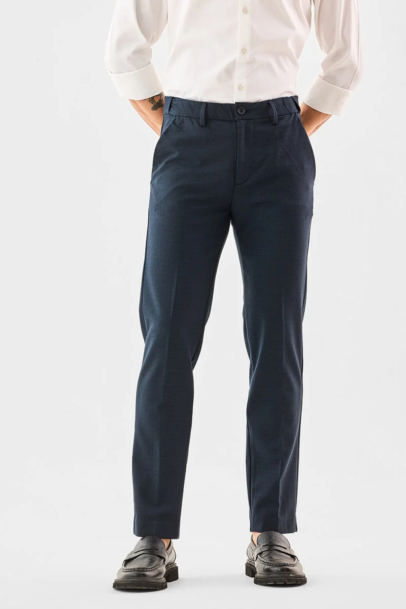 Navy Blue Textured Regular Fit Formal Trousers