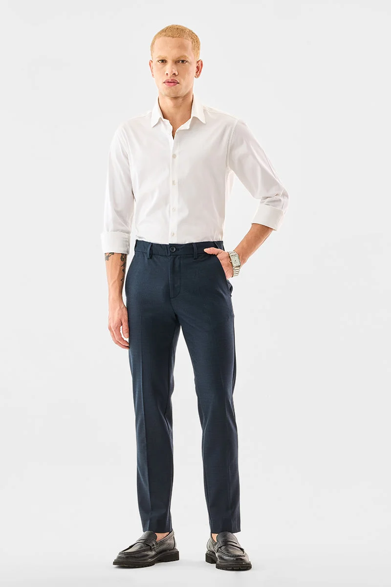 SNITCH Navy Blue Navy Blue Textured Regular Fit Formal Trousers for Men | Best Price UAE