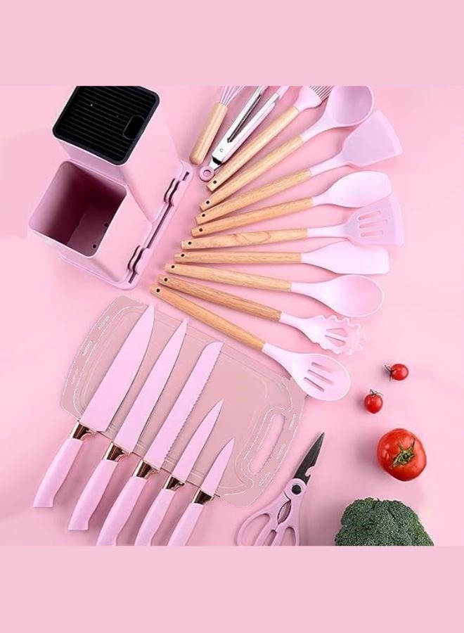 Executive LLC Silicone Cooking Utensils, Non-stick Kitchen Utensil Set, Wooden Handle Non Toxic BPA Free Kitchen Utensil Set 19 Piece  Cooking Tools Kit Includes Knives, Spatulas, Spoons, Ladles for Professional Chefs or Home Cooks(Pink) - Image 1