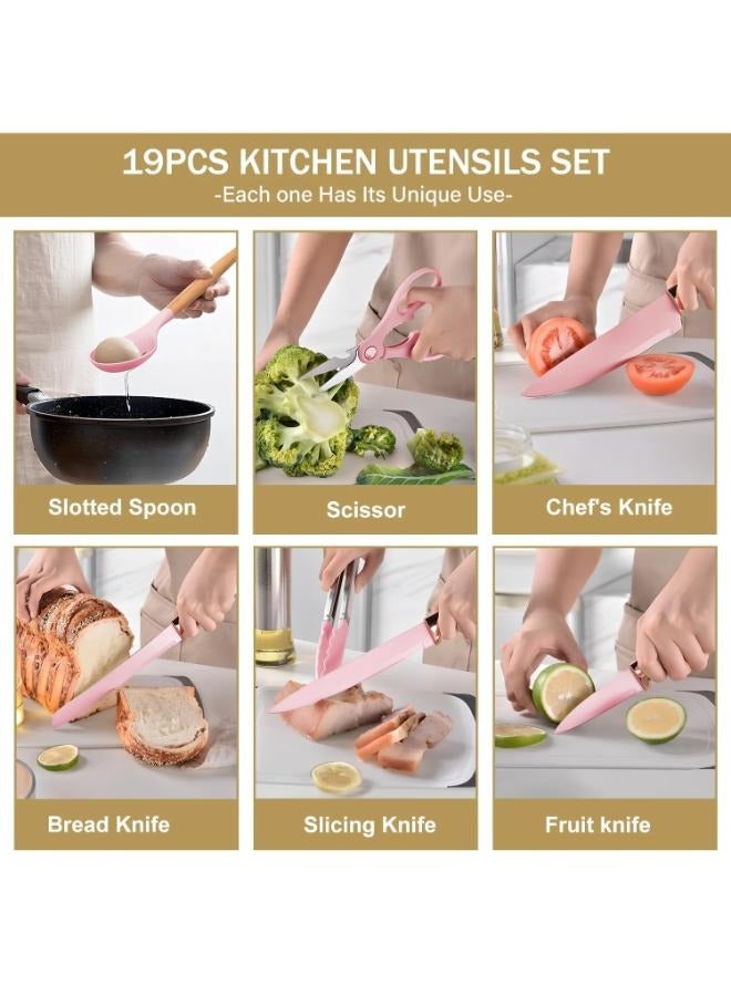 Executive LLC Silicone Cooking Utensils, Non-stick Kitchen Utensil Set, Wooden Handle Non Toxic BPA Free Kitchen Utensil Set 19 Piece  Cooking Tools Kit Includes Knives, Spatulas, Spoons, Ladles for Professional Chefs or Home Cooks(Pink) - Image 4
