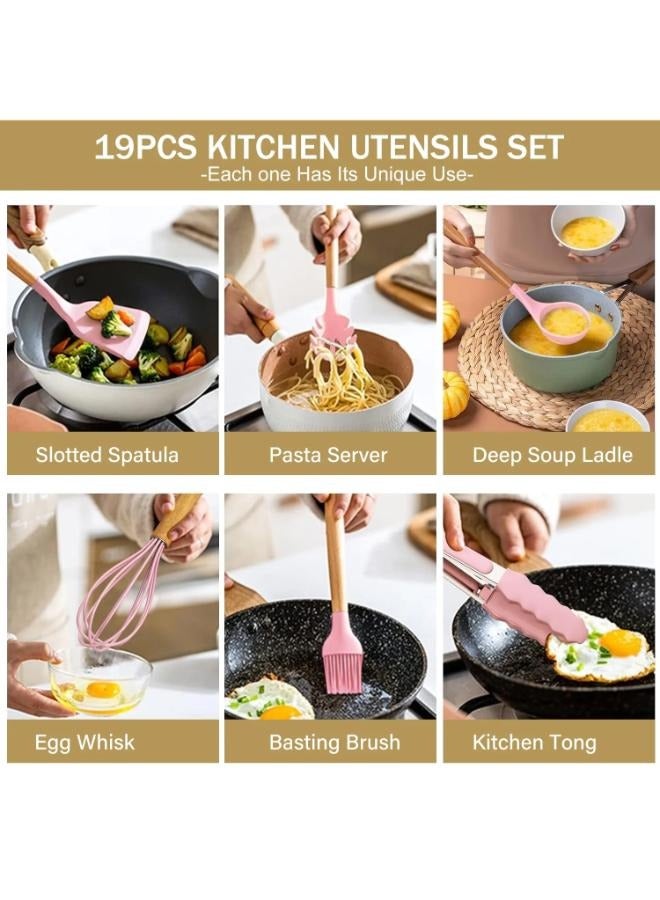 Executive LLC Silicone Cooking Utensils, Non-stick Kitchen Utensil Set, Wooden Handle Non Toxic BPA Free Kitchen Utensil Set 19 Piece  Cooking Tools Kit Includes Knives, Spatulas, Spoons, Ladles for Professional Chefs or Home Cooks(Pink) - Image 5