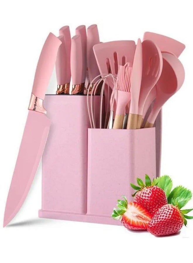 Executive LLC Silicone Cooking Utensils, Non-stick Kitchen Utensil Set, Wooden Handle Non Toxic BPA Free Kitchen Utensil Set 19 Piece  Cooking Tools Kit Includes Knives, Spatulas, Spoons, Ladles for Professional Chefs or Home Cooks(Pink) - Image 2