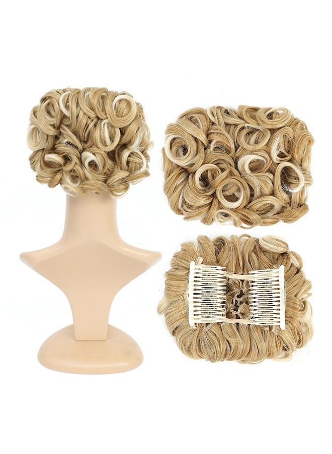 SWACC Short Messy Curly Dish Hair Bun Extension Easy Stretch hair Combs Clip in Ponytail Extension Scrunchie Chignon Tray Ponytail Hairpieces (Blonde Mixed-27T613#) - Image 1