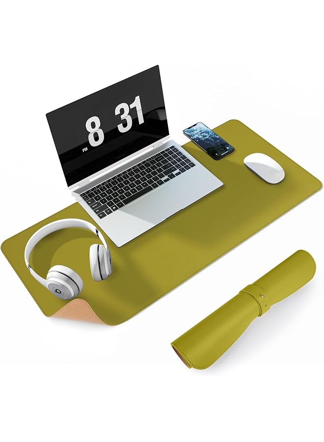 إيروريكس حصيرة مكتب جلدية متينة ومحببة مع حافة مخيطة مقاومة للماء وغير قابلة للانزلاق، ملحقات مكتب كبيرة من البولي يوريثان للكتابة في المكتب والألعاب، أصفر وأخضر 60 × 30 سم للاستخدام على الوجهين