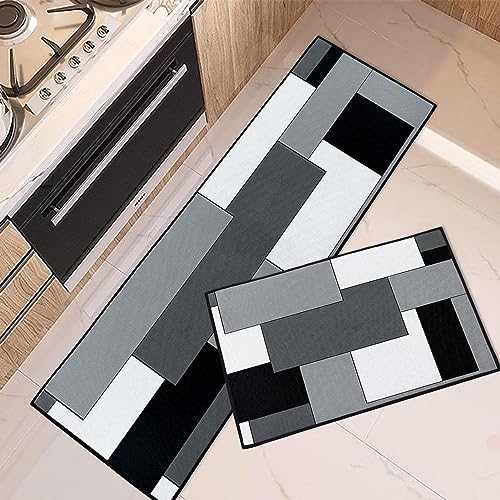 Tayney Black Grey Geometric Kitchen Rugs and Mats Non Skid Washable Set of 2 Checked Black Grey Mats for Floor Rustic Minimalist Runner Rug Modern Abstract Kitchen Decor - Image 1