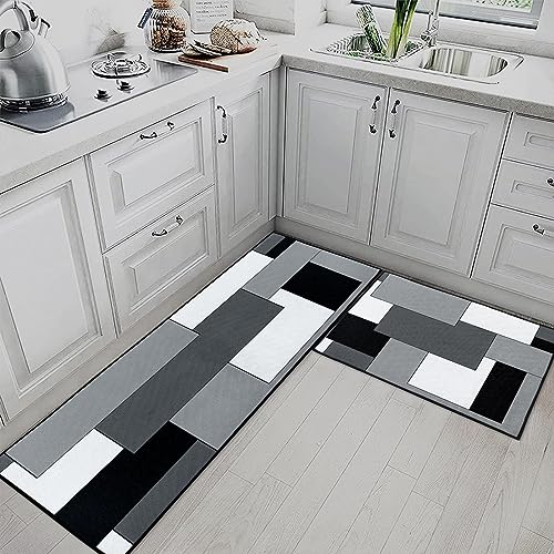 Tayney Black Grey Geometric Kitchen Rugs and Mats Non Skid Washable Set of 2 Checked Black Grey Mats for Floor Rustic Minimalist Runner Rug Modern Abstract Kitchen Decor - Image 3
