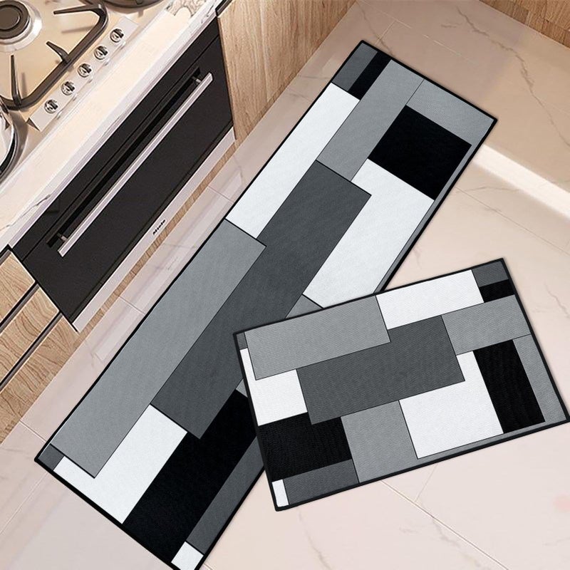 Tayney Black Grey Geometric Kitchen Rugs and Mats Non Skid Washable Set of 2 Checked Black Grey Mats for Floor Rustic Minimalist Runner Rug Modern Abstract Kitchen Decor - Image 2