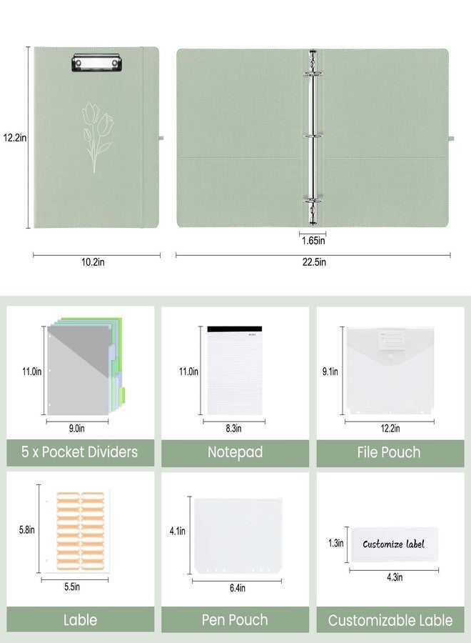 BVSSX 3 Ring Binder with Clipboard,1 Inch Binders with Notepad&5 Dividers with Pockets, Labels,PU Clipboards for School Office(Green Tulip,Letter Size) - Image 4