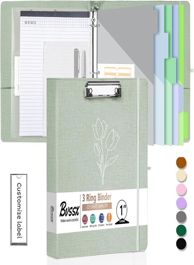 BVSSX 3 Ring Binder with Clipboard,1 Inch Binders with Notepad&5 Dividers with Pockets, Labels,PU Clipboards for School Office(Green Tulip,Letter Size) - Image 1