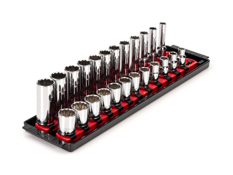 TEKTON 38 Inch Drive 12Point Socket Set with Rails and Tray 24Piece 819 mm SHD91216
