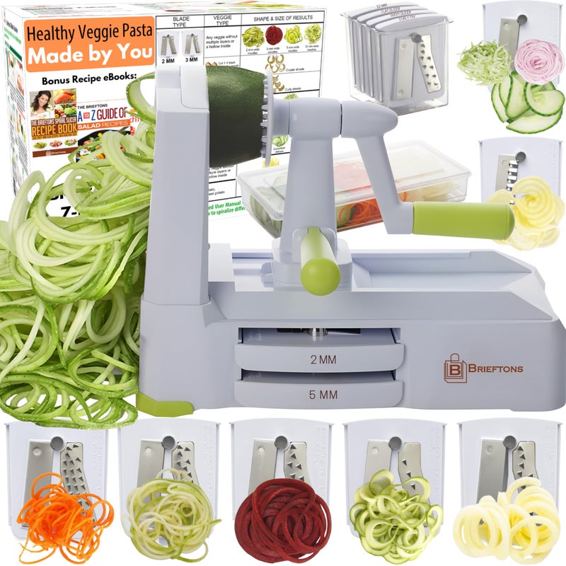 Brieftons 7Blade Vegetable Spiralizer StrongestHeaviest Spiral Slicer Best Veggie Pasta Spaghetti Maker for Low CarbPaleoGlutenFree Meals With Container Lid Blade Caddy 4 Recipe Ebooks