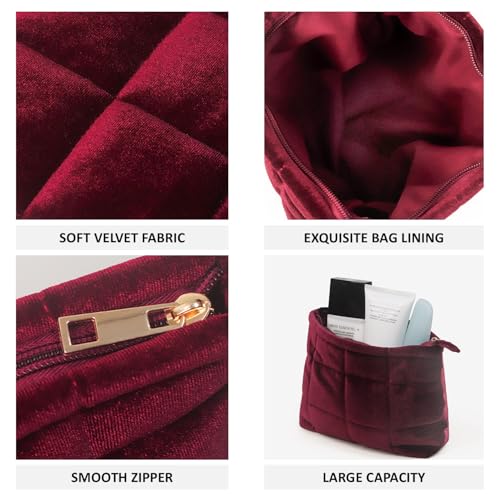 HFLZBRO Puffy Quilted Makeup Bag, Cosmetic Bag, Travel Toiletry Organizer Pouch, Clutch for Women(Wine Red - Velvet) - Image 5
