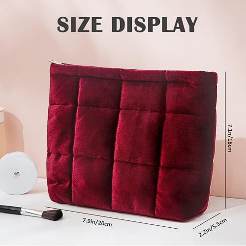 HFLZBRO Puffy Quilted Makeup Bag, Cosmetic Bag, Travel Toiletry Organizer Pouch, Clutch for Women(Wine Red - Velvet) - Image 4